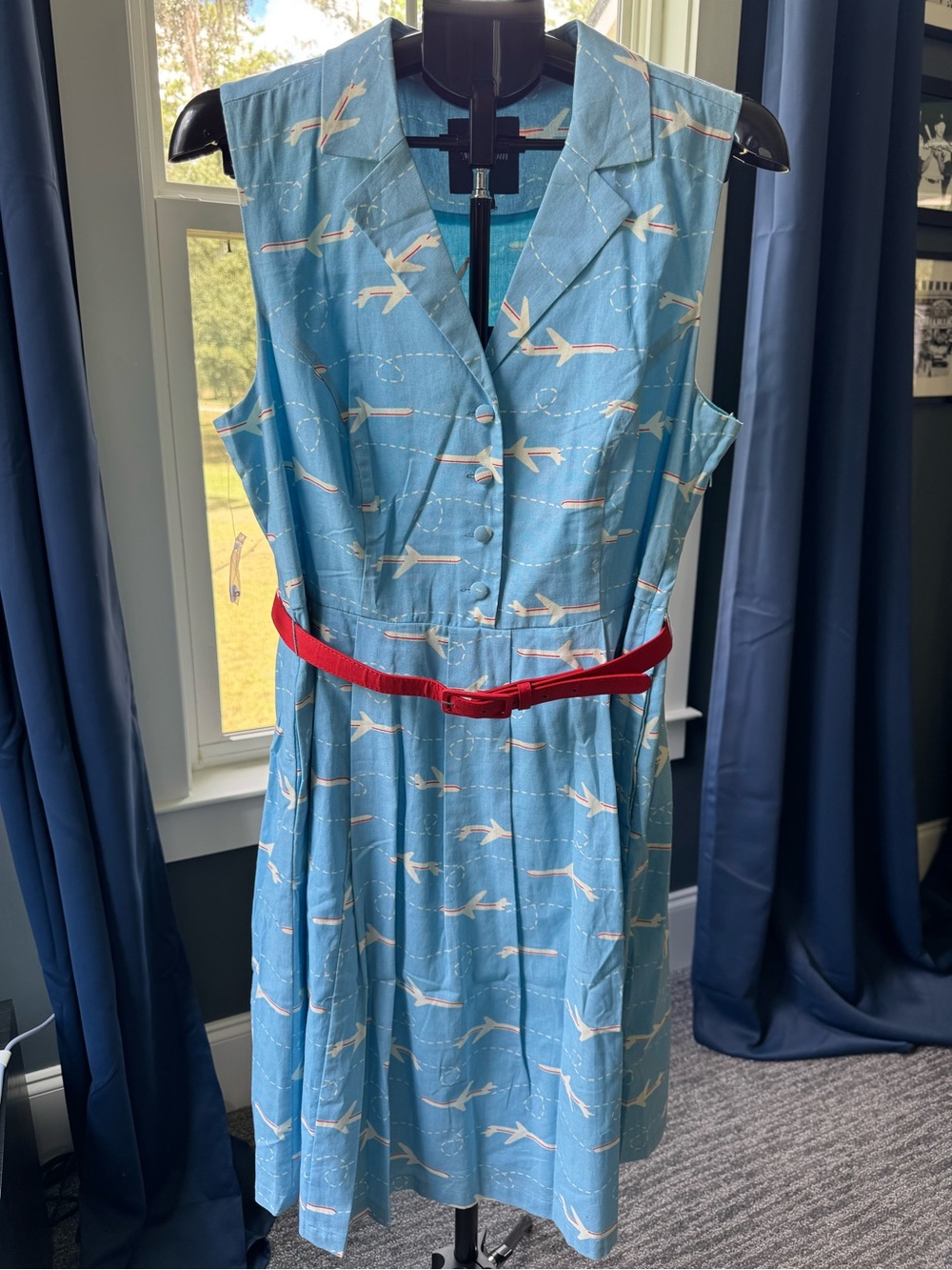 ModCloth Blue Airplane Print Sleeveless Shirt Dress Red Belt Size 14 Retro NWT